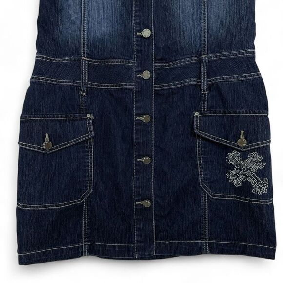 Y2K Clash Embellished Denim Dress Large Wings Cross Punk Goth Cowgirl Western - Picture 9 of 12